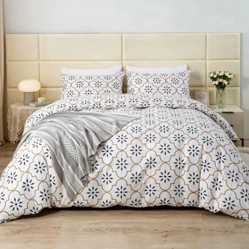 Queen size 6 piece duvet cover set modern tile print bedding set white.