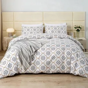 Queen size 6 piece duvet cover set modern tile print bedding set white.