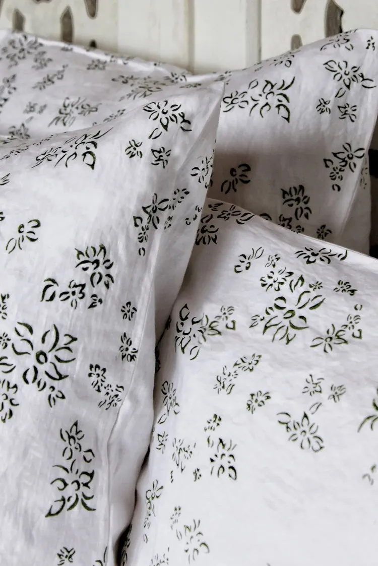 "Bernadette's Hand Stamped Falling Flower" Linen Square Pillowcase in Avocado Green