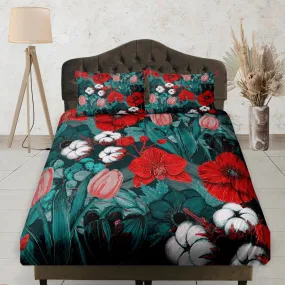 Red Poppy and Wild Flowers Fitted Bedsheet Deep Pocket, Floral Aesthetic Boho Bedding Set Full, Dorm Bedding, Crib Sheet, King, Queen