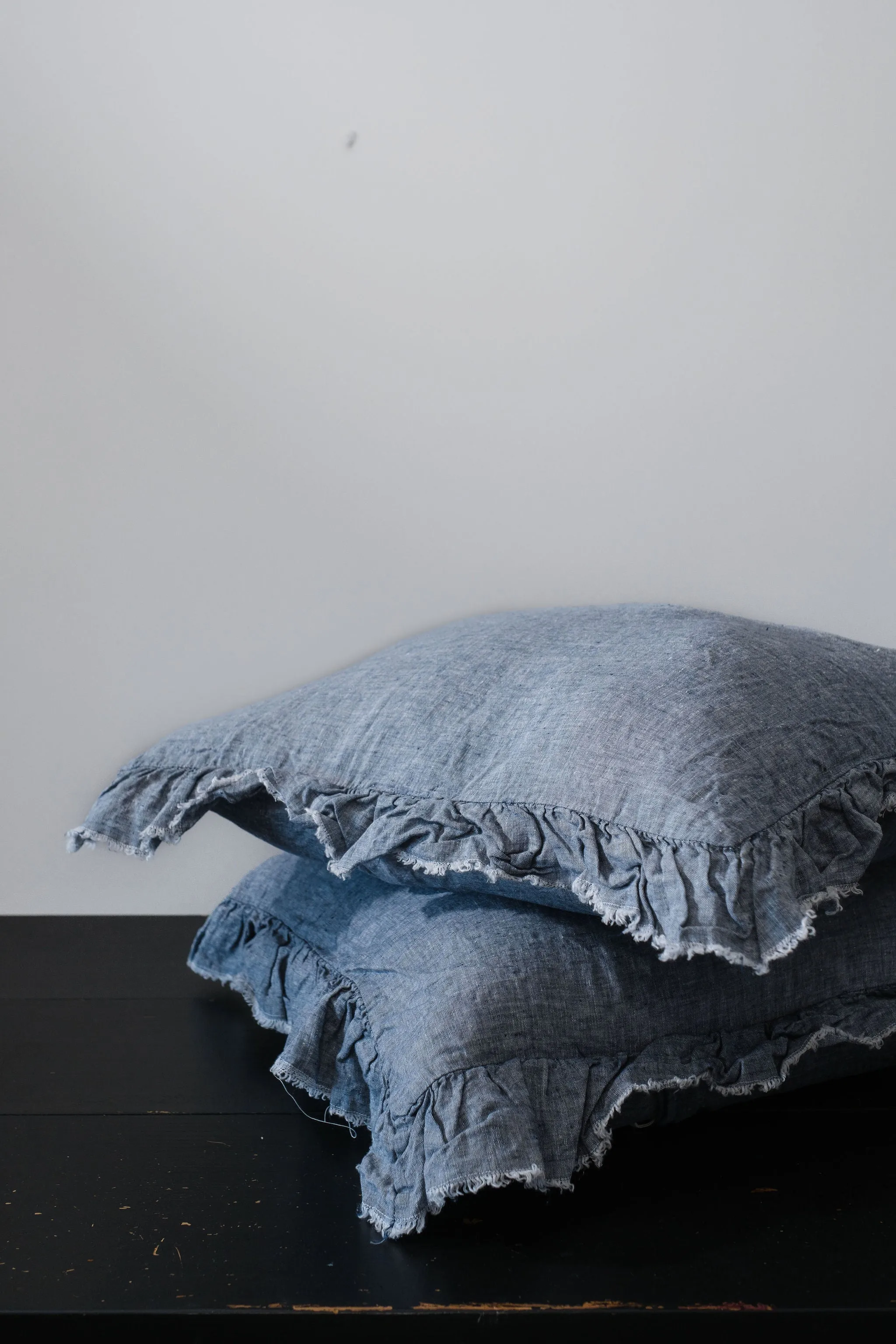 RUFFLED EUROPEAN LINEN PILLOWCASE PAIR - DENIM CHAMBRAY