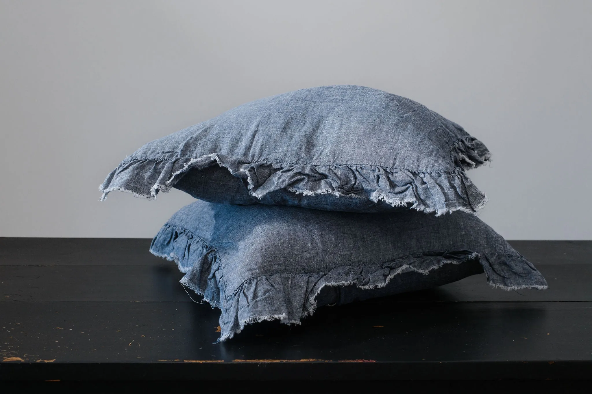 RUFFLED EUROPEAN LINEN PILLOWCASE PAIR - DENIM CHAMBRAY