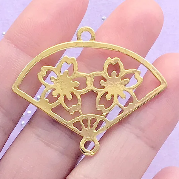 Sakura Hand Fan Open Bezel Charm | Cherry Blossom Handheld Paper Fan Deco Frame for UV Resin Filling (1 piece / Gold / 40mm x 33mm)