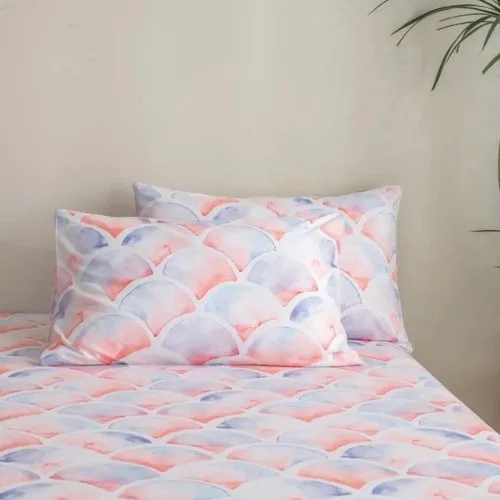 Single Size 4 Pieces Duvet Cover Set, Pink with Purple Mermaid Style