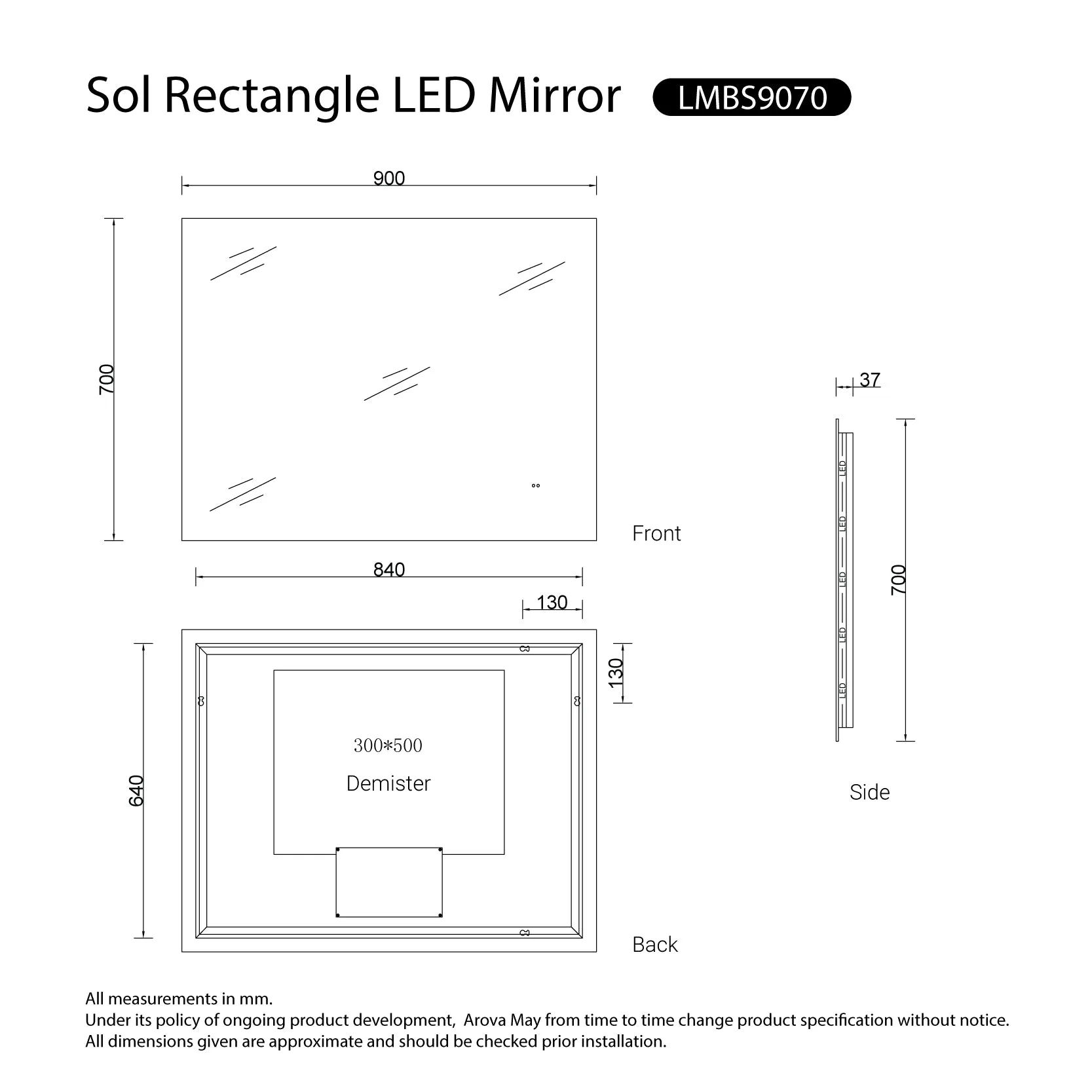 Sol Frameless 900mmx700mm Anti-Fog Dimmable Led Bathroom Mirror Rectangular