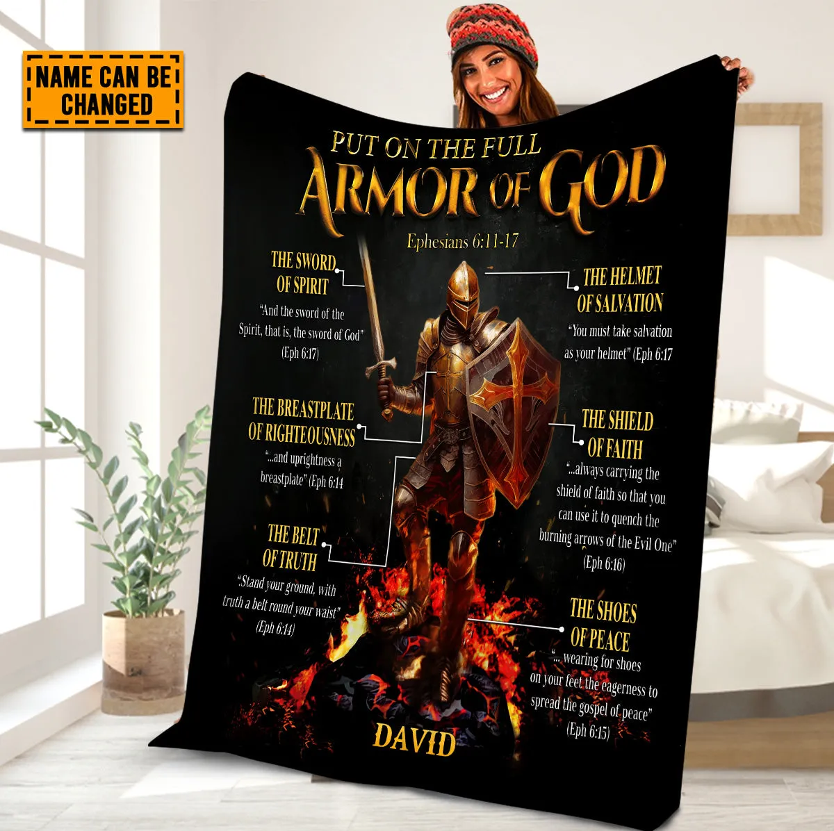 Teesdily | Customized Christian Warrior Blanket, Put On The Full Armor Of God Warrior, Jesus Lovers Gift, God Warrior Blanket For Family Adults Kids