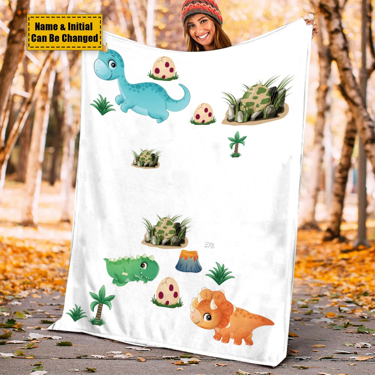 Teesdily | Customized Cute Dinosaurs Kids Blanket Letter Fleece Blanket Dino Chibi Sofa Blanket Custom Baby Blanket Baby Boy Son Toddler Gifts