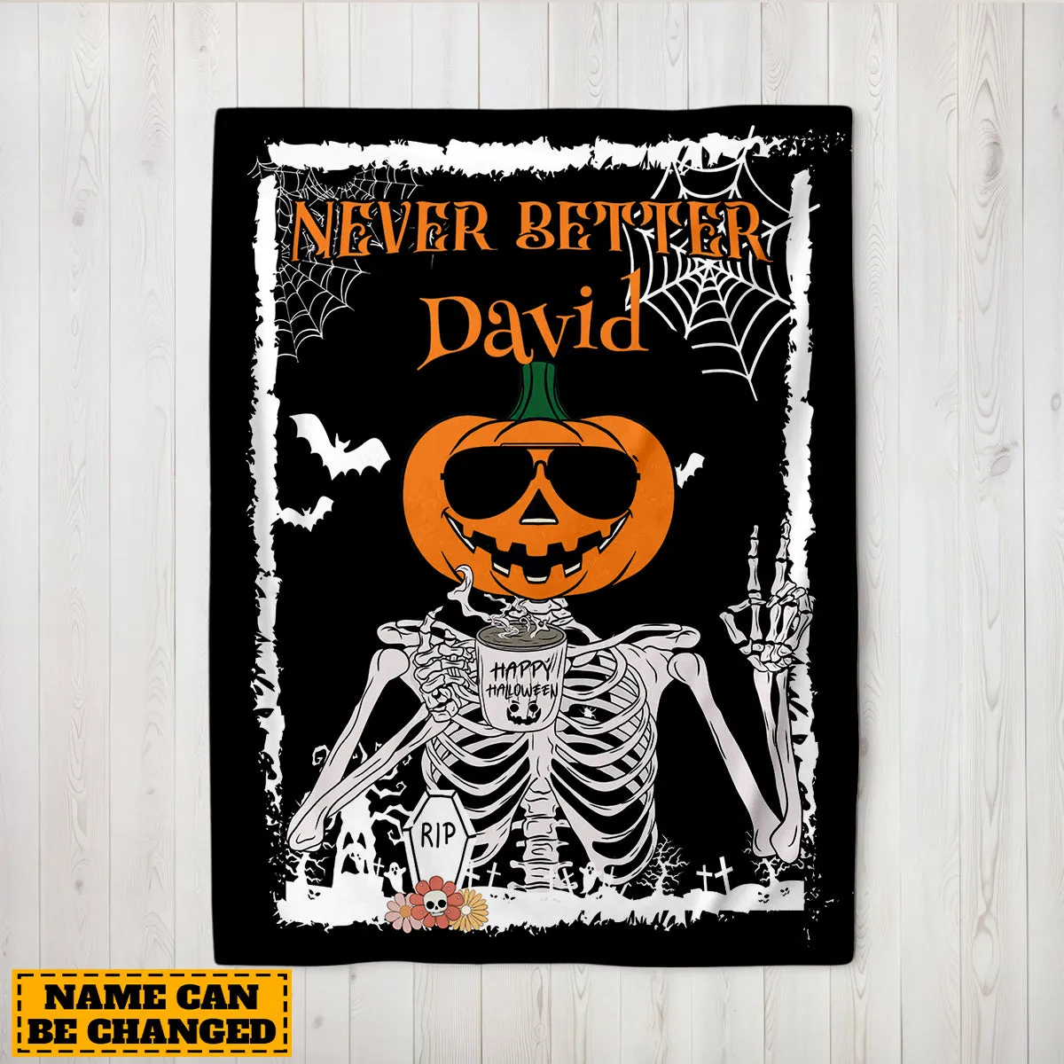 Teesdily | Customized Never Better Skeleton Blanket, Halloween Pumpkin Skeleton Coffee Throw Blanket, Funny Skeleton Blanket Sofa