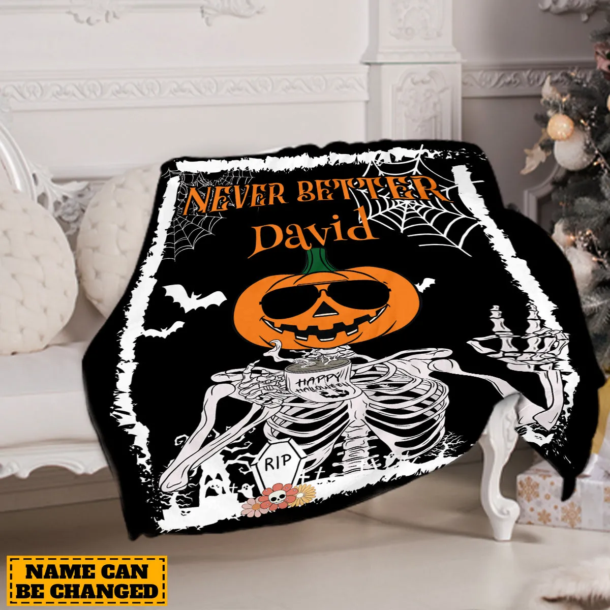 Teesdily | Customized Never Better Skeleton Blanket, Halloween Pumpkin Skeleton Coffee Throw Blanket, Funny Skeleton Blanket Sofa