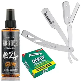 The Shave Factory Straight Edge Razor Kit (Matte/Barber No24 50ml Cologne / 100 Derby Professional Single Edge Razor Blades)