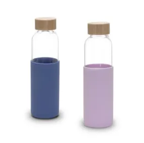 UMAI Borosilicate Glass Water Bottle with Sleeve 550ml | Non Slip Silicon Sleeve & Bamboo Lid | Fridge Water Bottle For Home & Office (Purple-Blue, Pack of 2)