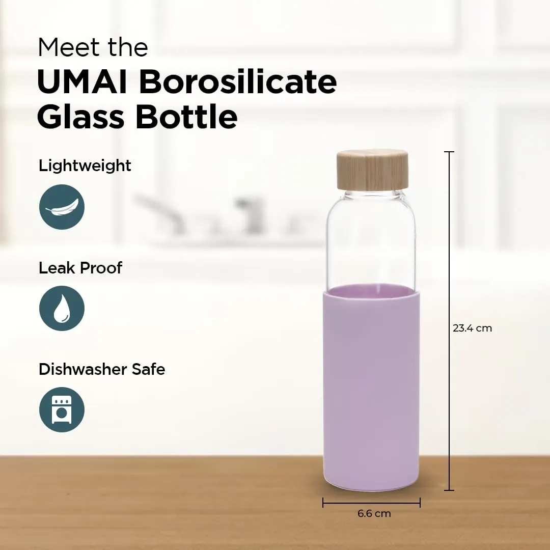 UMAI Borosilicate Glass Water Bottle with Sleeve 550ml | Non Slip Silicon Sleeve & Bamboo Lid | Fridge Water Bottle For Home & Office (Purple-Blue, Pack of 2)