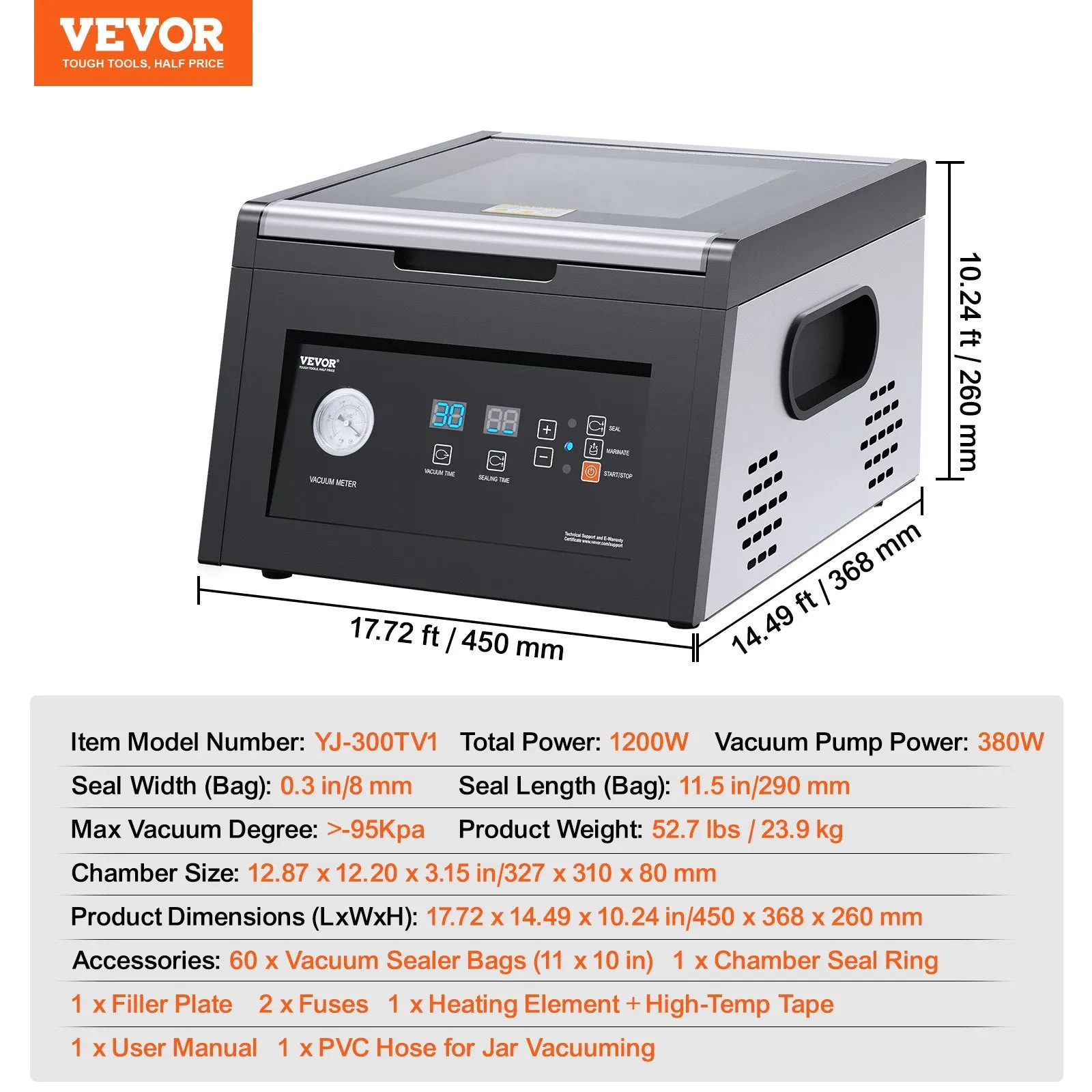 Vevor Chamber Vacuum Sealer Commercial Packing Machine 11.5" Sealing Length 380W New