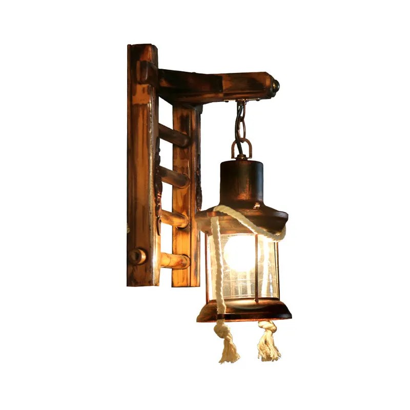 Vintage Bronze Kerosene Wall Lamp with Clear Glass Sconce for Indoor - Bamboo Backplate, 1 Light Fixture