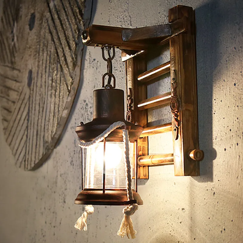 Vintage Bronze Kerosene Wall Lamp with Clear Glass Sconce for Indoor - Bamboo Backplate, 1 Light Fixture