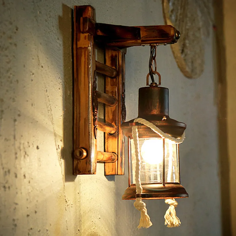 Vintage Bronze Kerosene Wall Lamp with Clear Glass Sconce for Indoor - Bamboo Backplate, 1 Light Fixture