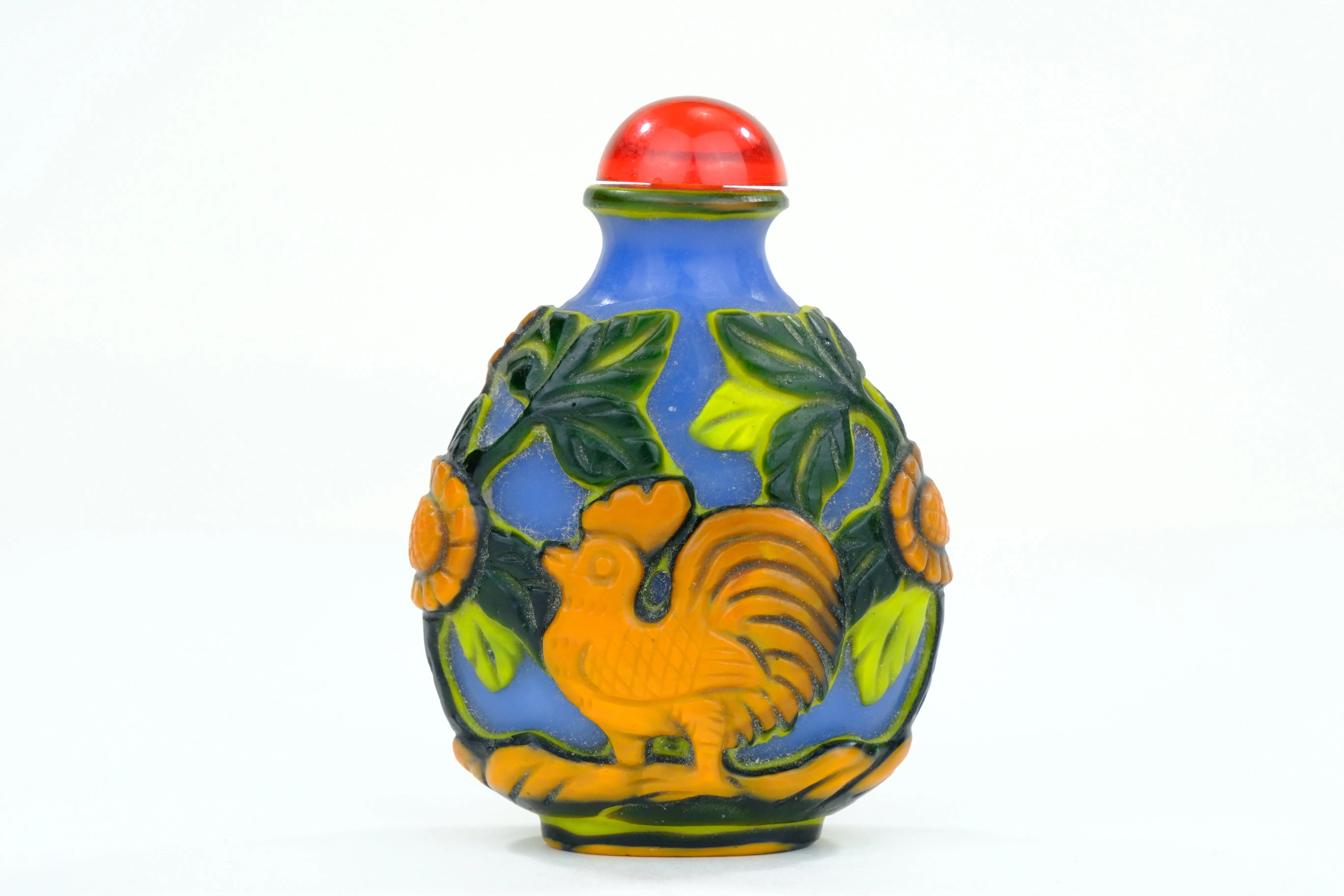 Vintage Chinese Glass Snuff Bottle Rooster Motif 3"