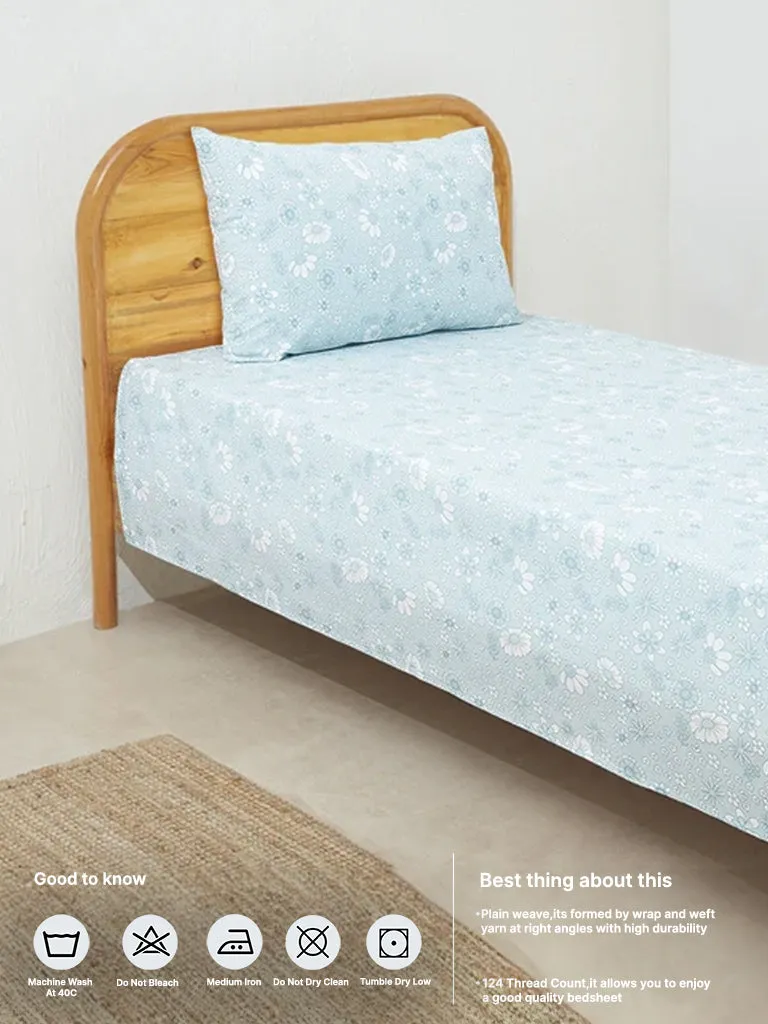 Westside Home Aqua Floral Print Single Bed Flat sheet and Pillowcase Set