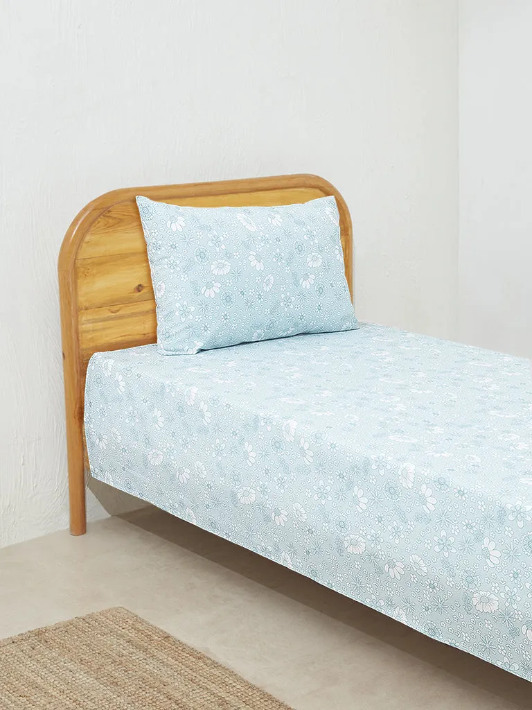 Westside Home Aqua Floral Print Single Bed Flat sheet and Pillowcase Set