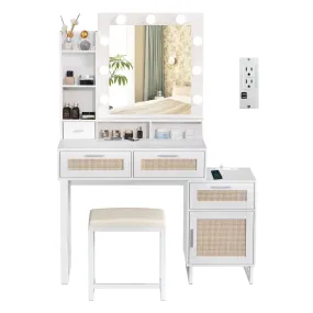 White and Rattan Vanity Table Set IF007