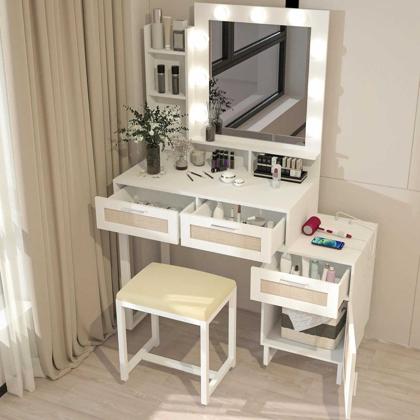 White and Rattan Vanity Table Set IF007