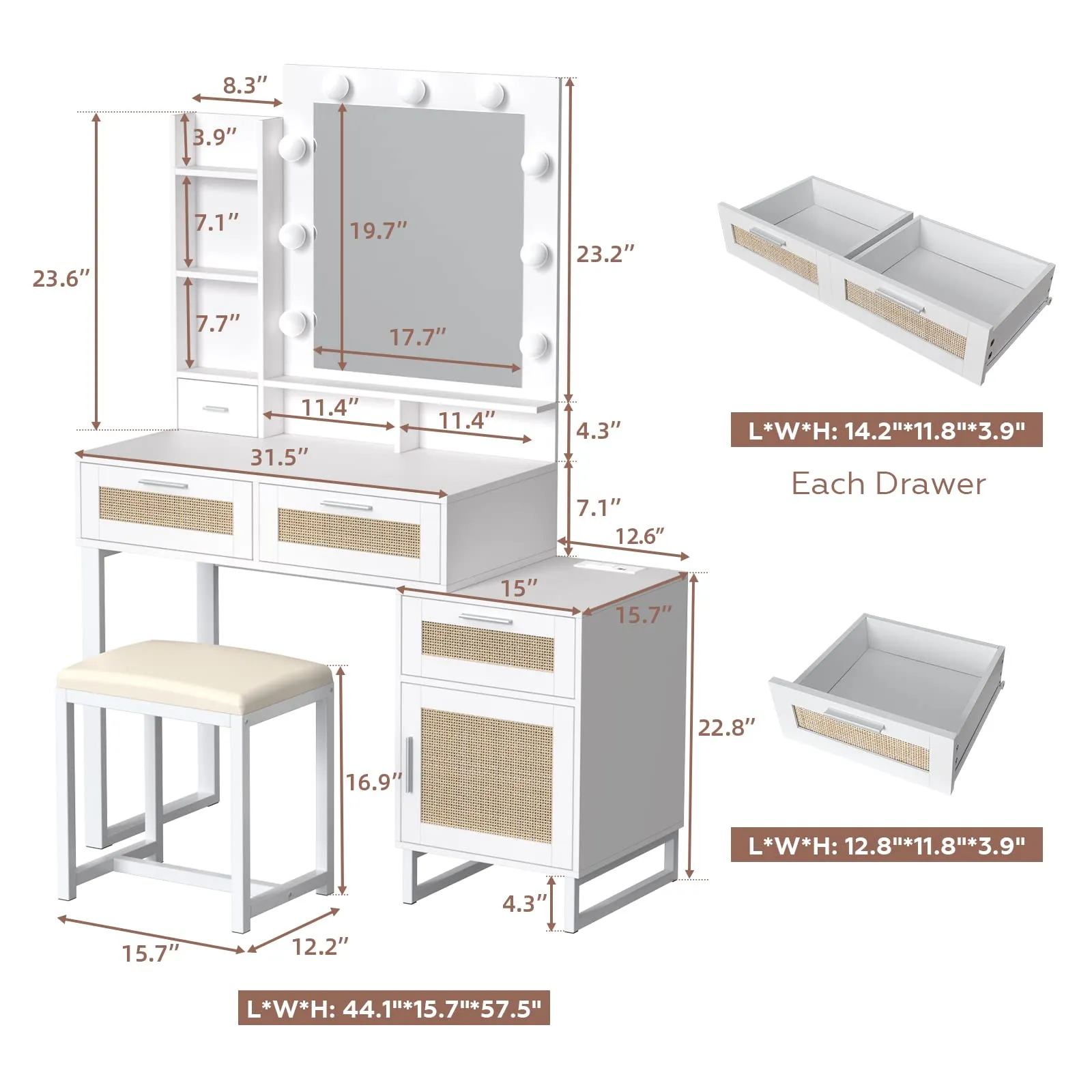 White and Rattan Vanity Table Set IF007