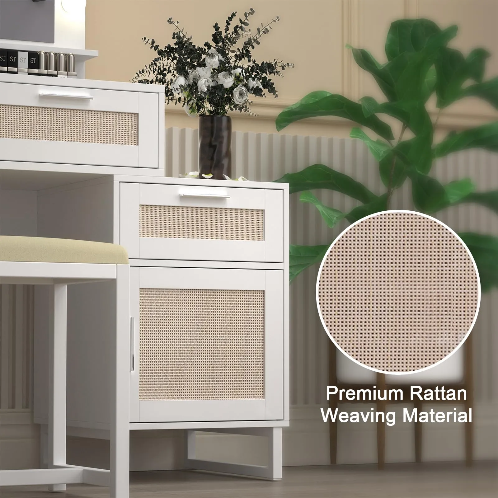 White and Rattan Vanity Table Set IF007