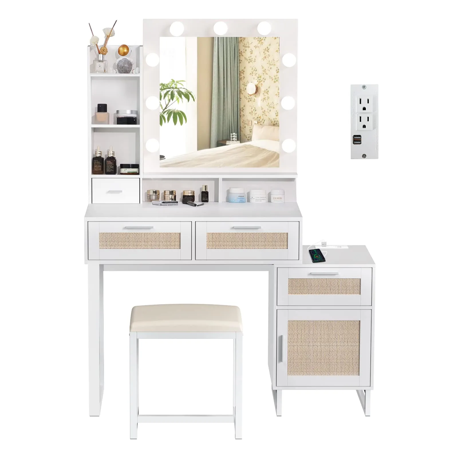 White and Rattan Vanity Table Set IF007