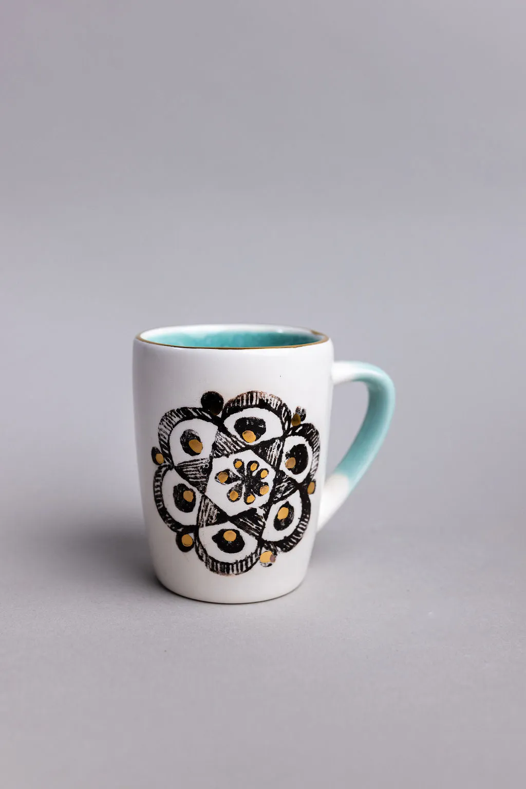 White And Turquoise Ceramic Mugs | Hand Made Black And Gold Pattern