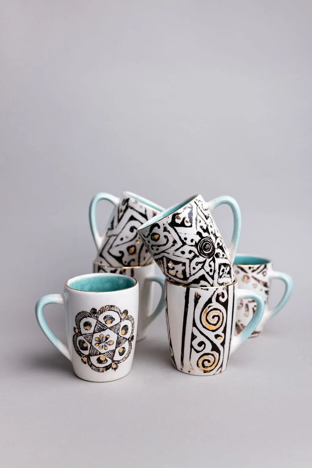 White And Turquoise Ceramic Mugs | Hand Made Black And Gold Pattern