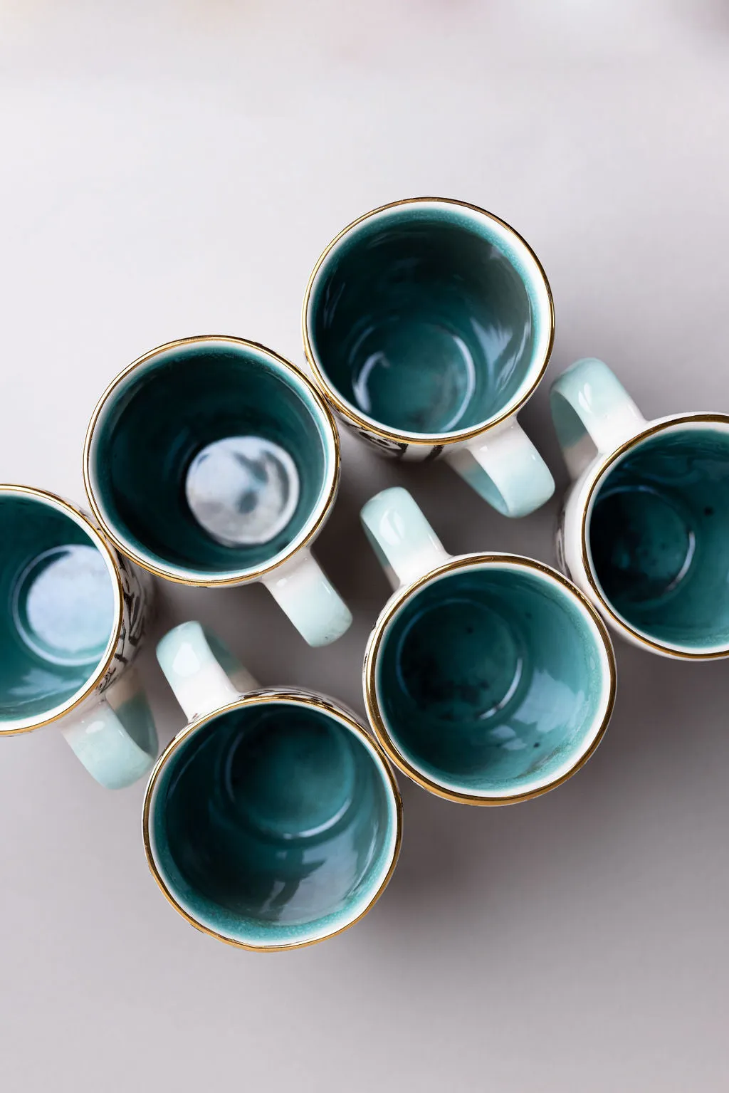 White And Turquoise Ceramic Mugs | Hand Made Black And Gold Pattern