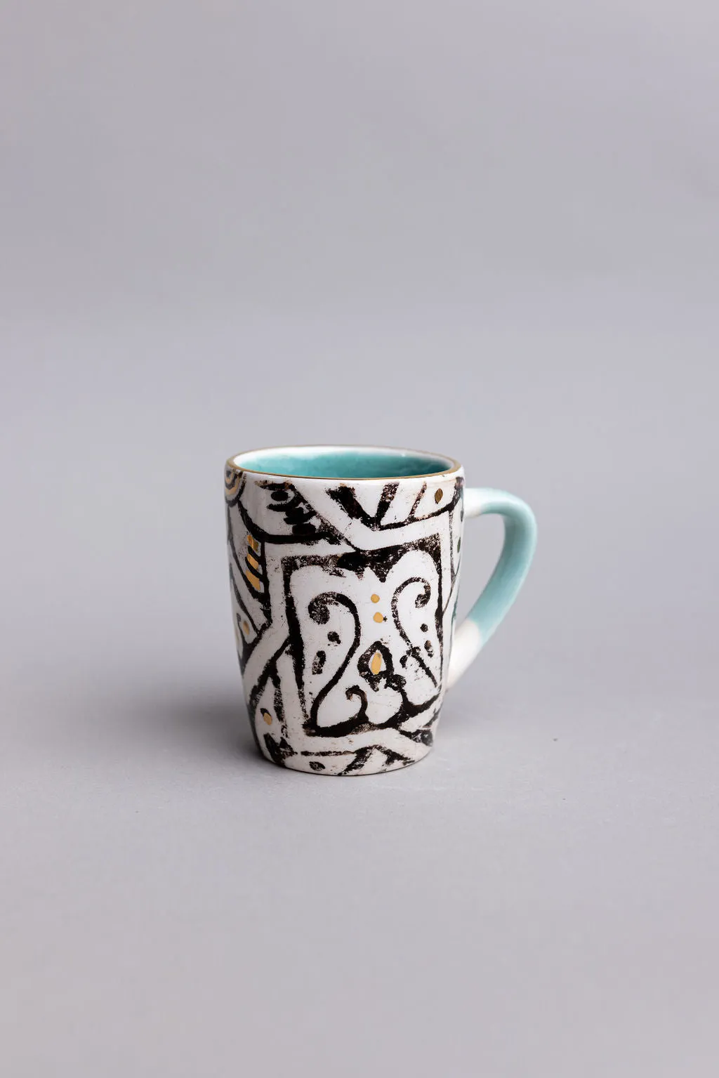 White And Turquoise Ceramic Mugs | Hand Made Black And Gold Pattern