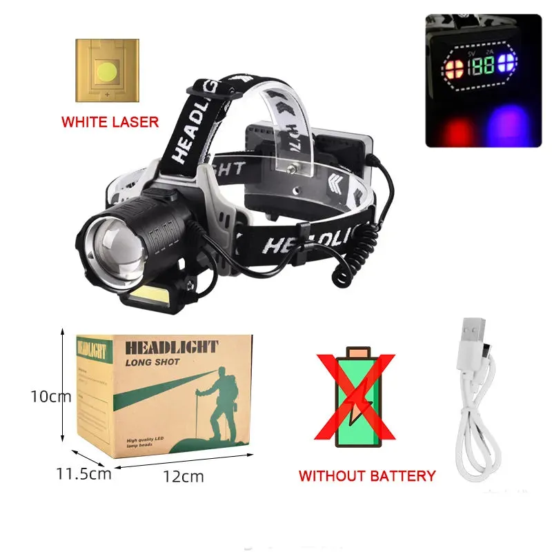 White Laser LED Headlamp with Sensor Zoom Highlight Head Lamp Rechargeable Red and Blue Warning Light 180° Adjustable Flashlight