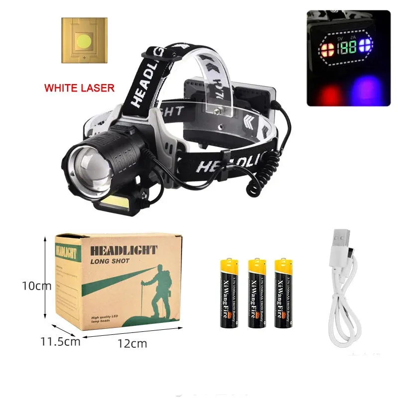 White Laser LED Headlamp with Sensor Zoom Highlight Head Lamp Rechargeable Red and Blue Warning Light 180° Adjustable Flashlight