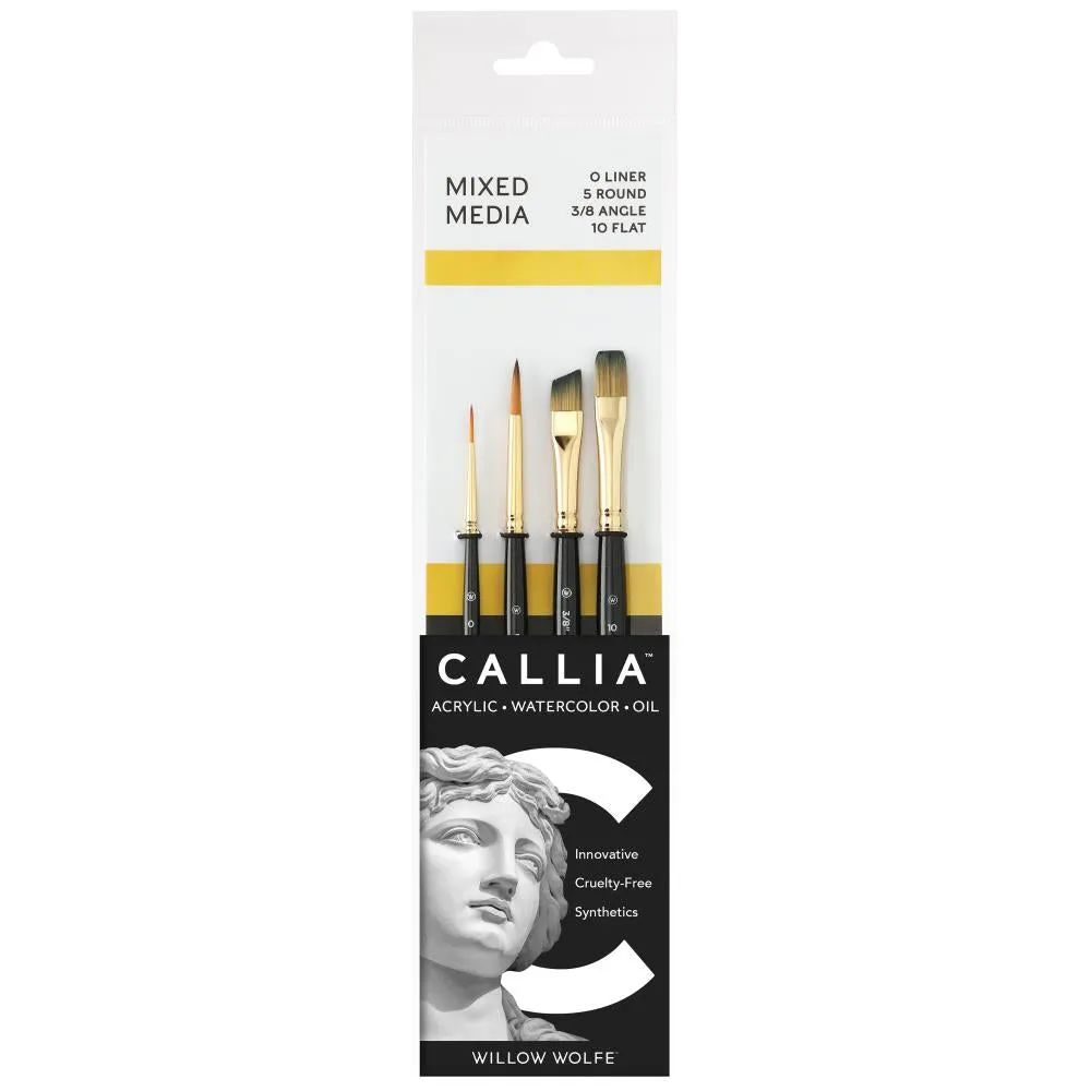 Willow Wolfe Callia Artist Mixed Media Starter Brush Set Liner, Round, Angle, Flat*