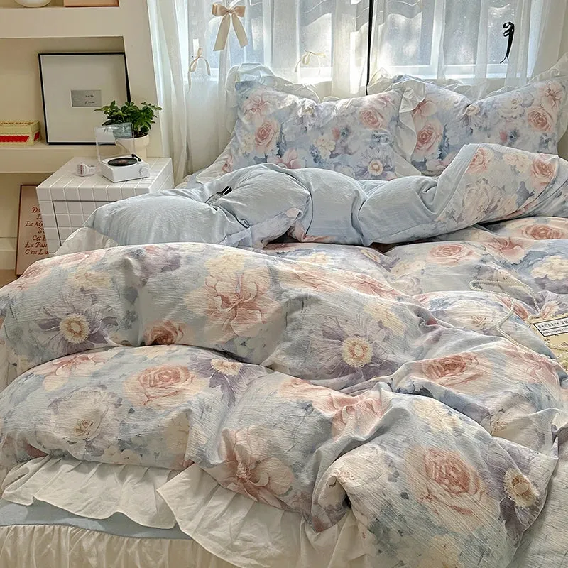 Yeknu French Romantic Style Bedding Set Princess Skin Friendly And Comfortable Quilt Cover Lace Washed Cotton Printed Duvet  Cover Set