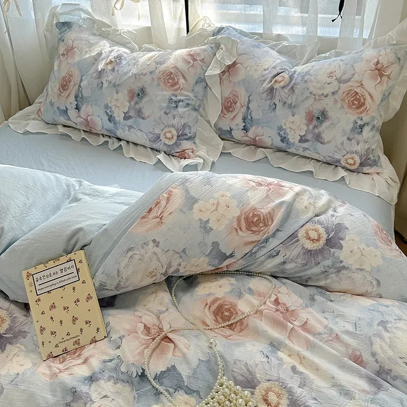 Yeknu French Romantic Style Bedding Set Princess Skin Friendly And Comfortable Quilt Cover Lace Washed Cotton Printed Duvet  Cover Set