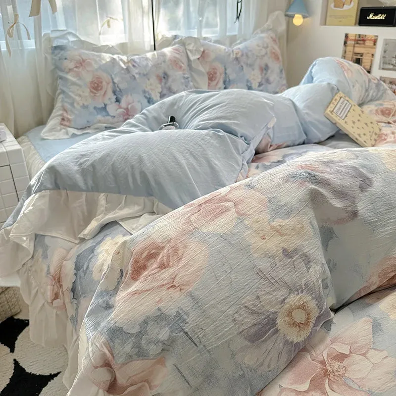 Yeknu French Romantic Style Bedding Set Princess Skin Friendly And Comfortable Quilt Cover Lace Washed Cotton Printed Duvet  Cover Set