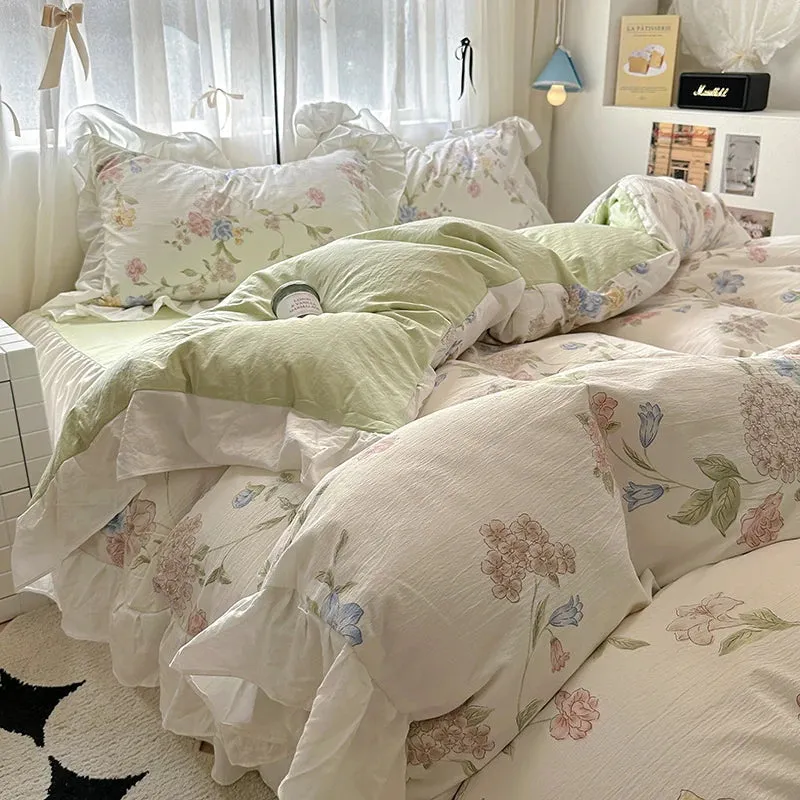 Yeknu French Romantic Style Bedding Set Princess Skin Friendly And Comfortable Quilt Cover Lace Washed Cotton Printed Duvet  Cover Set