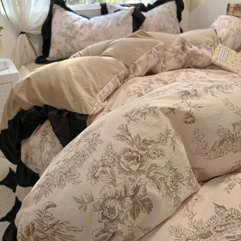 Yeknu French Romantic Style Bedding Set Princess Skin Friendly And Comfortable Quilt Cover Lace Washed Cotton Printed Duvet  Cover Set