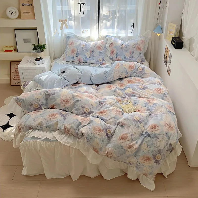 Yeknu French Romantic Style Bedding Set Princess Skin Friendly And Comfortable Quilt Cover Lace Washed Cotton Printed Duvet  Cover Set